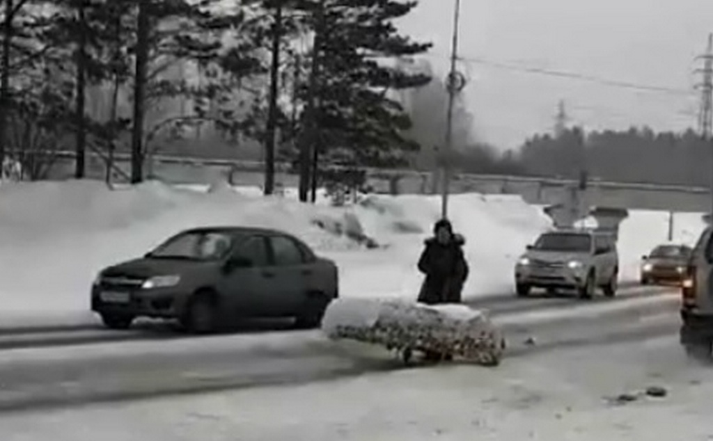 Видео дня: Везущая гроб на тележке россиянка парализовала движение
